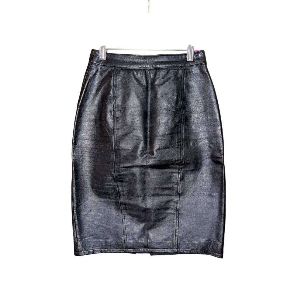 Vintage pelle cuir black leather skirt knee length kick split size 4 classic